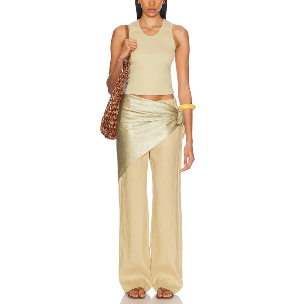 ENZA COSTA Linen Everywhere Pant Women Small Tan Wideleg Straight Pull on NEW